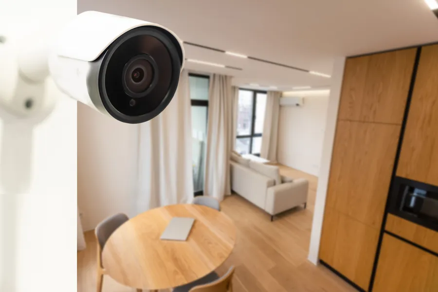 Valvontakamera asennettuna tilavaan moderniin huoneeseen, jossa on vaaleat laudat ja mukava ruokapöytä.
